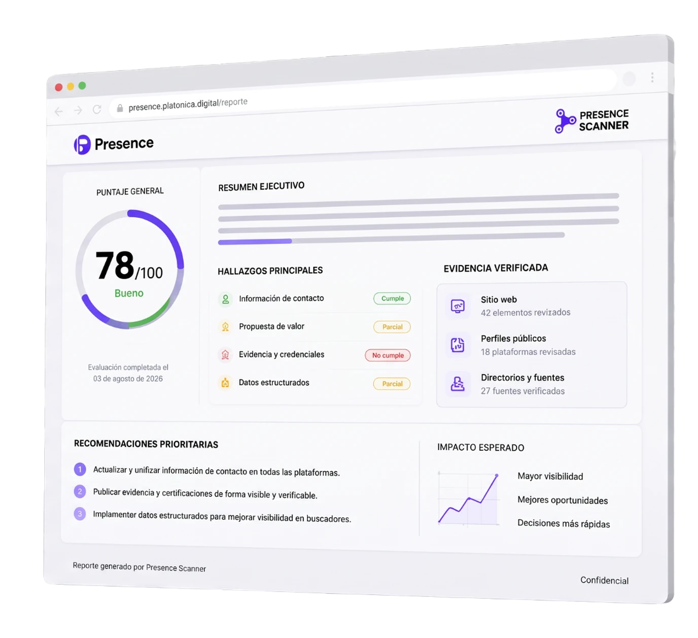 Vista del reporte de Auditoría de Presencia Comercial con score, hallazgos y recomendaciones priorizadas